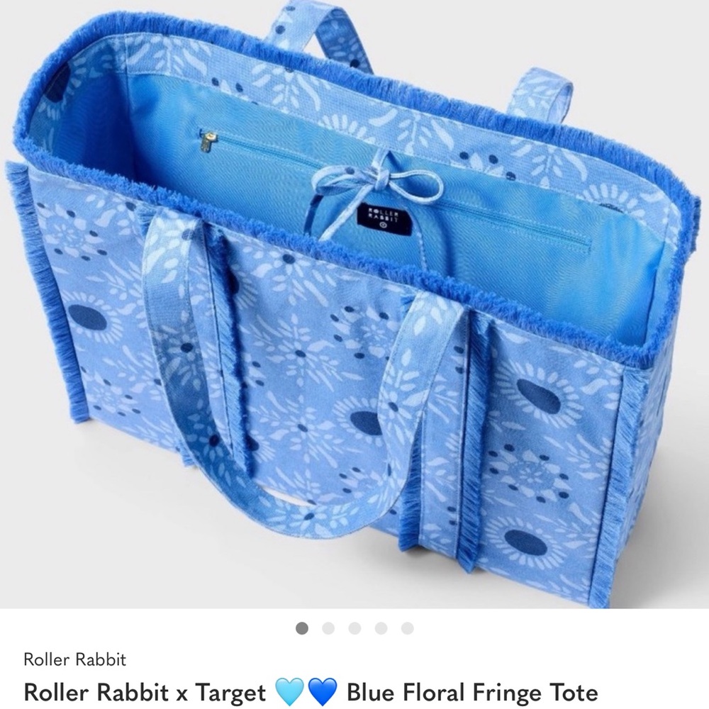 Roller Rabbit Light Blue Floral Fringe Tote